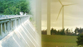 Photo montage montrant un barrage et un champ d'éolienne de l'Yonne pour illustrer la rubrique Énergie.